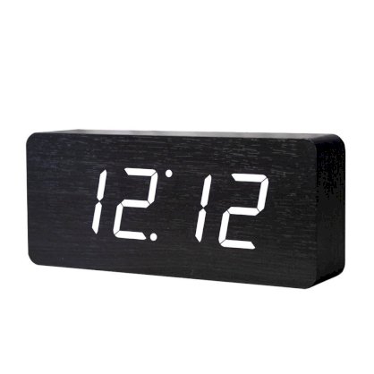 Hense Rectangular Black Wooden Grain Design White Light Sound Control LED Digital Alarm Clock .With Time And Temperature Display HA12
