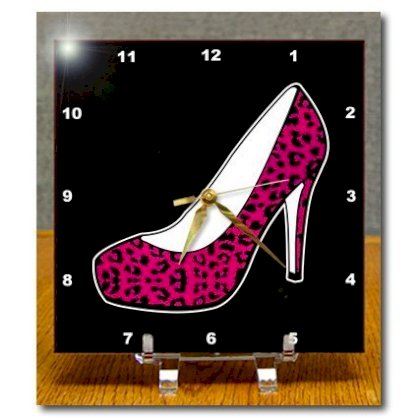 3dRose dc_57138_1 I Love Shoes Pink Cheetah High Heel Shoe on Black Desk Clock, 6 by 6-Inch