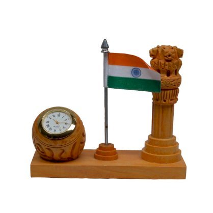 Wooden Table Clock With Ashoka Pillar And National Flag