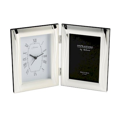 Personalised Silver Plated Clock And Combined Double Striped Photo Frame Free Engraving