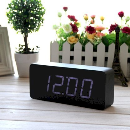 EiioX Wood Grain Clock LED desk alarm clock Time Temperature Date - Sound Control - Latest Generation(Black Skin White LED Light)