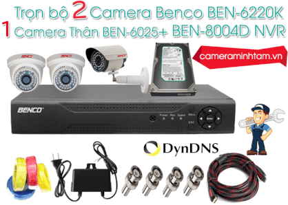Trọn bộ 2 Camera Dome BENCO BEN-6220K và 1 Camera Thân BEN-6025 + BEN-8004D NVR