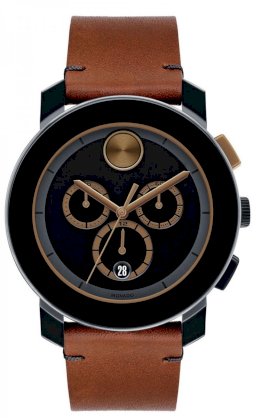 MOVADO Movado BOLD Chronograph Black Dial Cognac Leather Men's Watch 3600348, 43.5mm