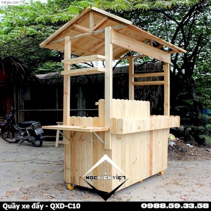 Quầy xe đẩy cafe có mái 10 gỗ thông, quầy trà sữa - QXD-T10