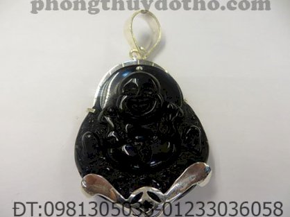 Mặt dây chuyển - Phật di lặc đá đen bọc bạc 4,5x3,5 cm
