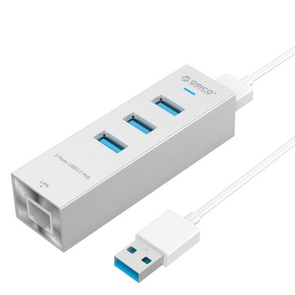 Bộ Chia 3 PORT USB 3.0 ORICO ASH3L-U3, Và Chuyển Đổi Từ USB 3.0 Sang RJ45. Chất Liệu Nhôm, Màu Trắng