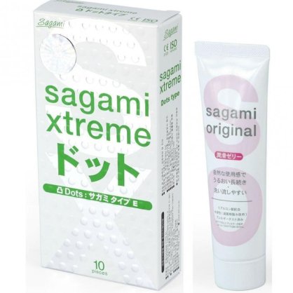 Bộ Bao cao su có gân và gai siêu mỏng Sagami Extreme White 10 bao và Gel Bôi Trơn cao cấp Sagami 60G