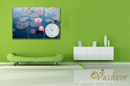 Đồng hồ tranh treo tường Vicdecor ao sen 2 DHT0660 25cm x 50cm (3 tấm)