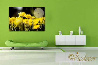 Đồng hồ tranh treo tường Vicdecor Tulip vàng đua sắs DHT0672 30cm x 60cm (3 tấm)