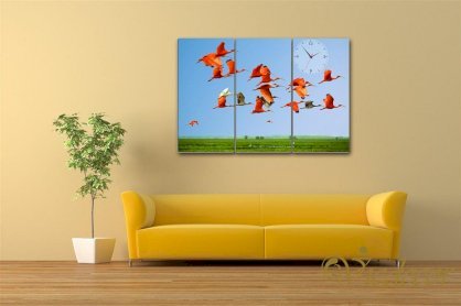 Đồng hồ tranh treo tường Vicdecor đàn chim đỏ DHT0600 25cm x 50cm (3 tấm)