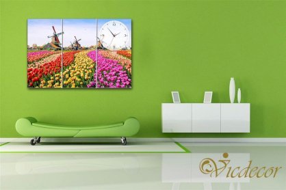 Đồng hồ tranh treo tường Vicdecor vườn Tulip đua sắc DHT0677 20cm x 40cm (3 tấm)