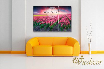 Đồng hồ tranh treo tường Vicdecor bầu trời tulip DHT0668 25cm x 50cm (3 tấm)