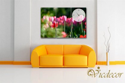 Đồng hồ tranh treo tường Vicdecor Tulip đỏ đua sắc DHT0673 30cm x 60cm (3 tấm)