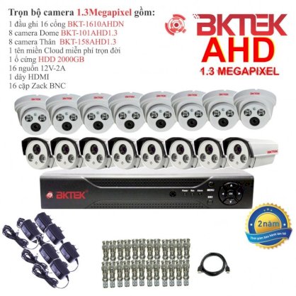 Trọn bộ 16 camera quan sát AHD BKTEK 1.3 Megapixel BKT-101AHD1.3-16