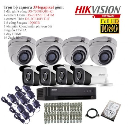 Trọn bộ 8 camera quan sát Hikvision TVI 3 Megapixel DS-2CE16F1T-IT-8