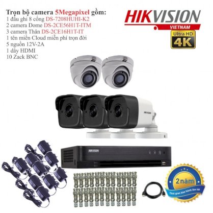 Trọn bộ 5 camera giám sát Hikvision TVI 5 Megapixel DS-2CE56H1T-ITM-5 Full 4K