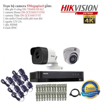 Trọn bộ 2 camera giám sát Hikvision TVI 5 Megapixel DS-2CE56H1T-ITM-2 Full 4K