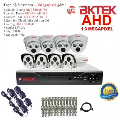 Trọn bộ 8 camera quan sát AHD BKTEK 1.3 Megapixel BKT-101AHD1.3-8