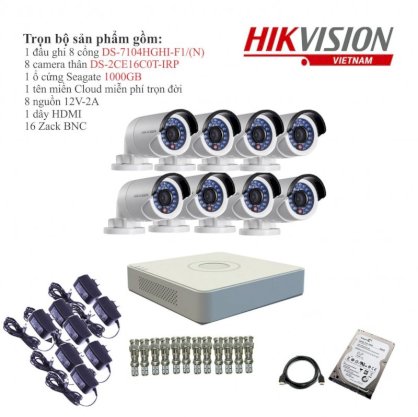 Trọn bộ 8 camera quan sát Hikvision TVI 1 Megapixel S-2CE16C0T-IRP-8 720HD