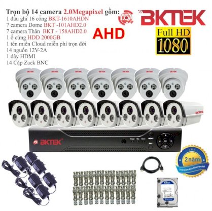 Trọn bộ 14 camera quan sát AHD BKTEK 2.0 Megapixel BKT-101AHD 2.0-14