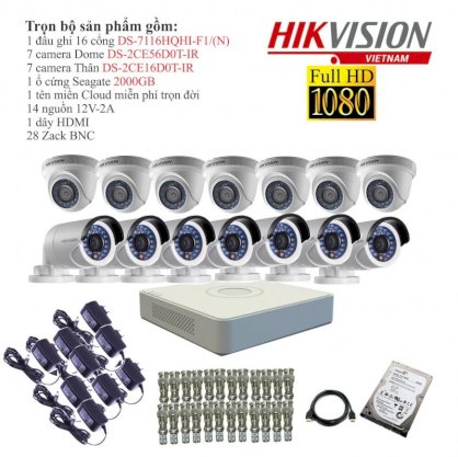 Trọn bộ 14 camera giám sát Hikvision TVI 2 Megapixel DS-2CE56D0T-IR-14 Full HD