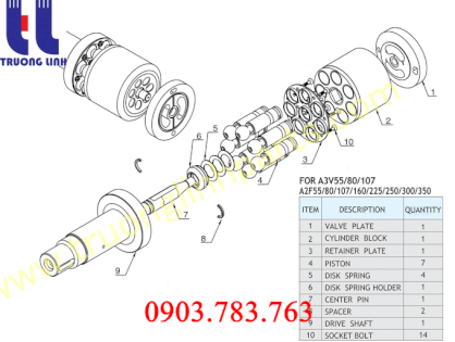 Ruột bơm thủy lực Piston A2F Serie Rexroth- Uchida cho máy xúc đào