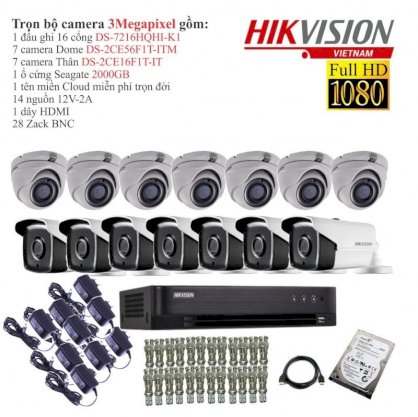 Trọn bộ 14 camera quan sát Hikvision TVI 3 Megapixel DS-2CE16F1T-IT + Hikvision DS-7216HQHI-H1