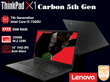 Lenovo ThinkPad X1 Carbon 5th Gen, Intel® Core™ i5-7200U CPU @ 2.50GHz ( 4 CPUs ), RAM 8GB LPDDR3-1866MHz, FHD 14 inch