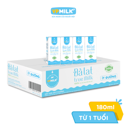 [Thùng 48 hộp 180ml] Sữa Tươi Nguyên Chất UHT Đà Lạt True Milk Ít Đường