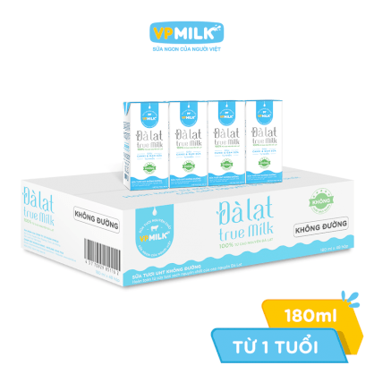 [Thùng 48 hộp 180ml] Sữa Tươi Nguyên Chất UHT Đà Lạt True Milk Không Đường