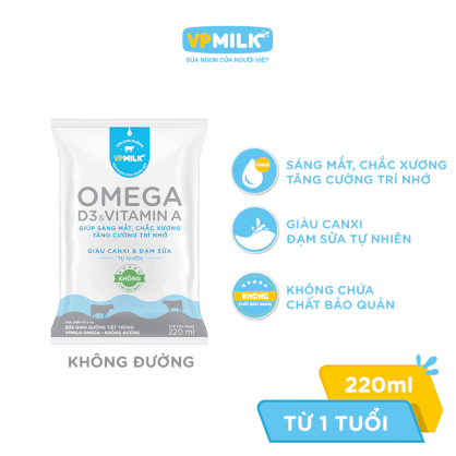 [Thùng 48 bịch 220ml] Sữa Dinh Dưỡng Tiệt Trùng VPMilk Omega Không Đường Cho Bé Từ 1 Tuổi