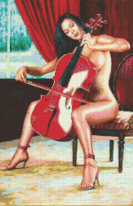 Tranh Thêu Chữ Thập Thành Phẩm Cô Gái Sexy Đánh Đàn Cello Đỏ