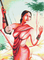 Tranh Thêu Chữ Thập Mỹ Nhân Ấn Độ Áo Đỏ Cầm Cây Đàn Sita