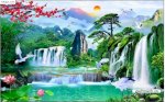 Tranh Phong Cảnh 3D Thác Nước Cây Tùng ,Gạch 3D