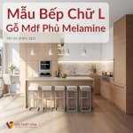 Mẫu Bếp Chữ L Gỗ Mdf Phủ Melamine Kết Hợp Đảo Đá Hiện Đại