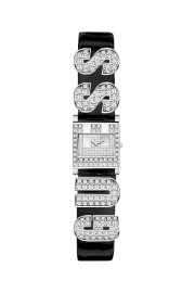 Đồng hồ Guess watch, Women's Crystal Logo Black Patent Leather Cuff Bracelet 27x22mm U12646L3