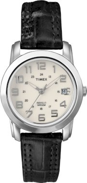 Timex Women's T2N4359J Dress Sport Chic Round Silver Tone Black Leather Strap Watch