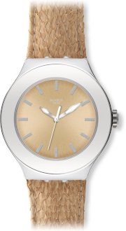 Swatch Women's Irony YNS121 Beige Leather Quartz Watch with Gold Dial