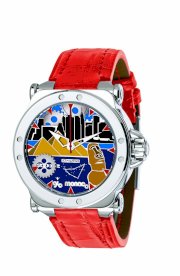 Gio Monaco Men's 766-A3 Graffiti Automatic Geographic Scenes Dial Red Alligator Leather Watch