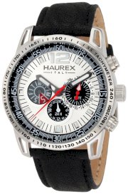 Haurex Italy Men's Talento Dual Time Silver Dial Black Leather Sport Watch