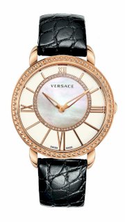 Versace Women's M6Q80SD498 S009 Krios Rose Gold IP Black Leather Mother-Of-Pearl Dial Sapphire Crystal Diamond Watch