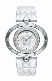 Versace Women's 91Q91FD002 S001 Eon Ellipsis Oval Reversible Bezel Sunray Dial Sapphire Crystal White Leather Diamond Watch