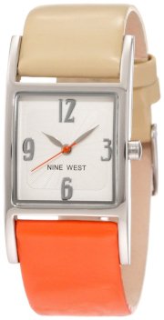 Nine West Women's NW/1297SVOC Strap Square Silver-Tone Orange and Tan Strap Watch
