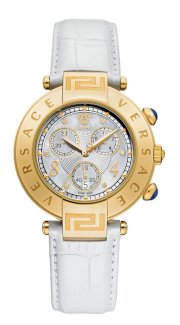 Versace Women's 68C70D498 S001 Reve Chrono Yellow Gold IP Case Mother-of-Pearl Dial Sapphire Crystal Chronograph Date White Leather Watch