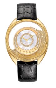 Versace Women's 86Q71SD498 S009 Destiny Spirit Gold IP Case Floating Spheres in Glass Bezel Mother of Pearl Dial Black Alligator Leather Diamond Watch