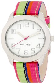 Nine West Women's NW/1289WTPG Strap Round Silver-Tone Easy to Read Colorful Strap Watch