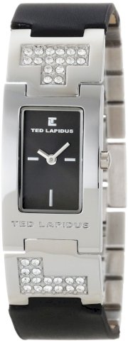 Ted Lapidus Women's D0455GNIN Crystal Accented Charcoal Dial Silver Tone Base Metal and Black Leather Watch