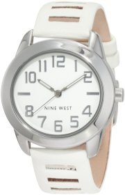  Nine West Women's NW/1279WTWT Round Silver-Tone White Strap Watch