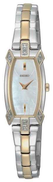 Seiko Women's SZZC60 Two-Tone Baguette 8 Diamonds White Mother Of Pearl Dial Watch