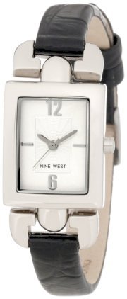  Nine West Women's NW/1283SVBK Strap Square Silver-Tone Black Strap Watch